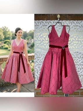 Elena do Vale Vintage Pink Quilted Silk Dress Velvet Bow Brooch Coquette 50s